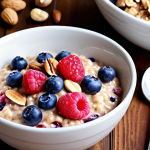 A vibrant and appetizing breakfast scene featuring a bowl of oatmeal topped with fresh raspberries, blueberries, chopped walnuts, a sprinkle of cinnamon, and a spoonful of peanut butter. The oatmeal is made with almond milk and presented in a cozy, inviting setting.