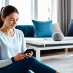 A calm individual, fully clothed in comfortable, modest athletic wear, sits in a bright, modern living room. They are looking at a smartphone displaying an intricate interface of health metrics: heart rate, sleep patterns, and daily activity. A sophisticated, subtle holographic overlay of abstract data visualizations emanates from the phone, representing AI analysis and predictive insights. The scene is well-lit, showing perfect anatomy, correct proportions, and a natural pose. The focus is on technology enhancing well-being. Professional photography, high quality, safe for work, appropriate content, family-friendly.